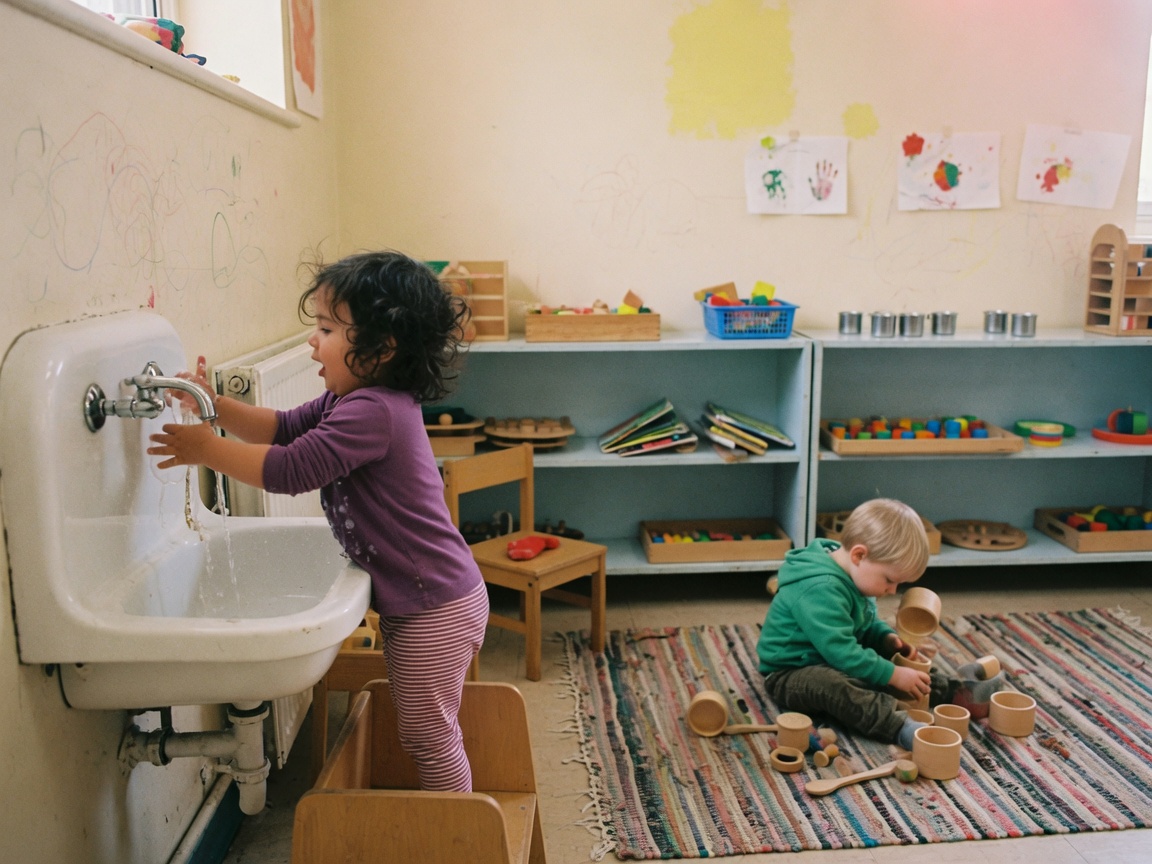 Пустой toddler-класс: низкие полки, раковина, столик